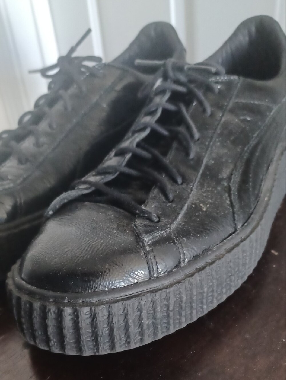 PUMA Fenty Creeper Black Wrinkled Patent / Cracked Leather Sneakers